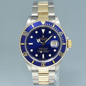 MINT Rolex Submariner 16613 Gold Steel Two Tone Yellow Gold Sunburst Blue Watch Box