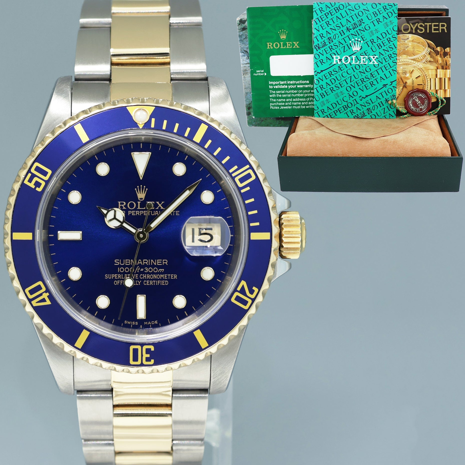 MINT Rolex Submariner 16613 Gold Steel Two Tone Yellow Gold Sunburst Blue Watch Box