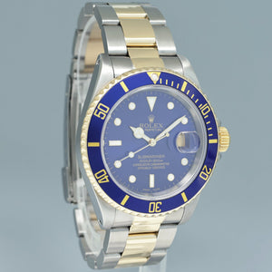 MINT Rolex Submariner 16613 Gold Steel Two Tone Yellow Gold Sunburst Blue Watch Box