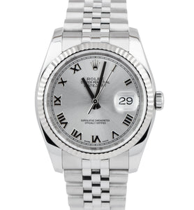 Rolex DateJust 36mm Silver PAPERS White Gold Steel Jubilee Watch 116234 B+P