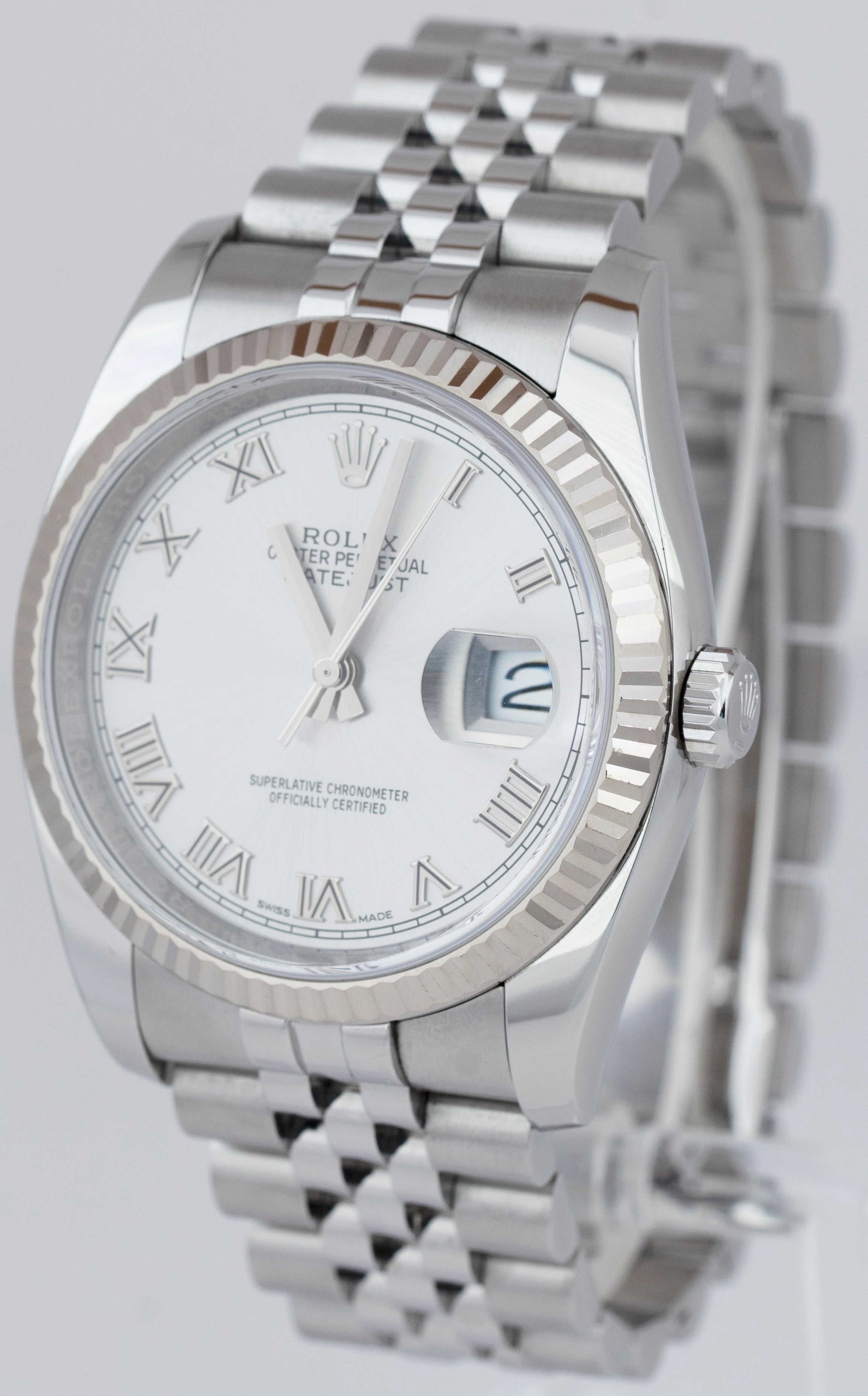 Rolex DateJust 36mm Silver PAPERS White Gold Steel Jubilee Watch 116234 B+P