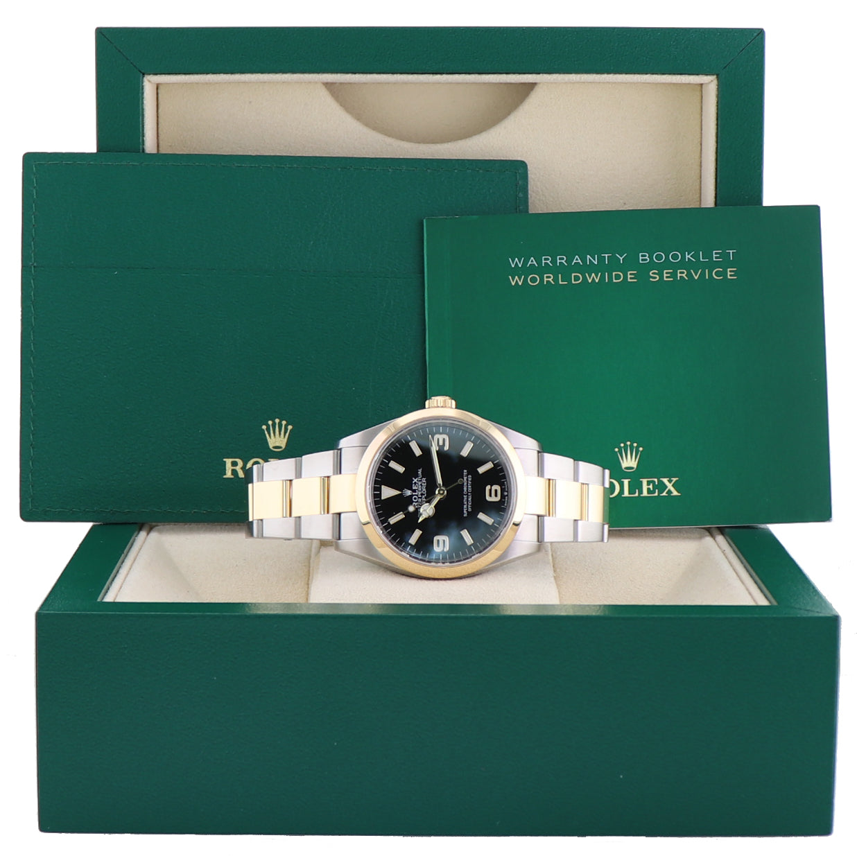 2023 MINT Rolex Explorer Black Steel Two Tone Yellow Gold 36mm 124273 Watch Box