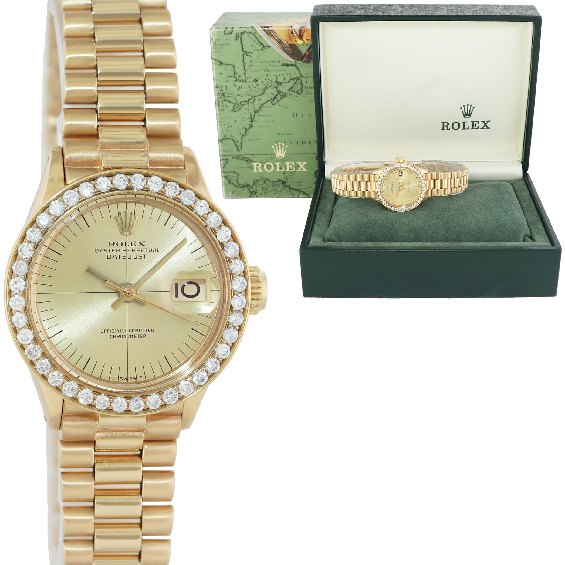 Diamond Ladies Rolex DateJust President 26mm 6700 18k Yellow Gold Watch Box