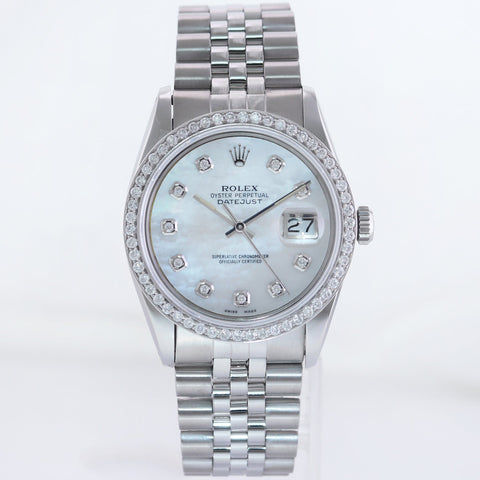 MINT DIAMOND Bezel Rolex DateJust 36mm Mother of Pearl 1601 Steel Watch Box