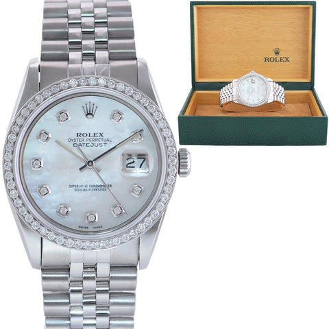 MINT DIAMOND Bezel Rolex DateJust 36mm Mother of Pearl 1601 Steel Watch Box