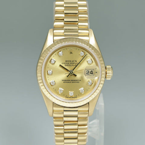 PAPERS Diamond Ladies 79178 Rolex DateJust President 26mm Yellow Gold Watch Box