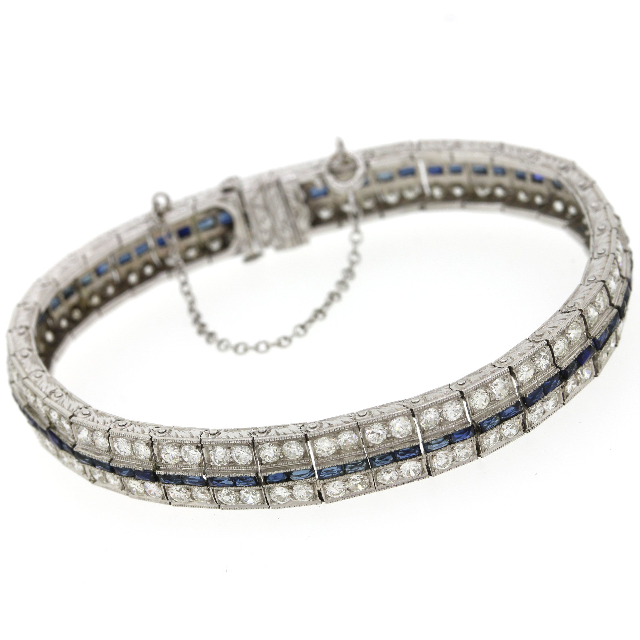 1930s Antique Art Deco Solid Platinum 5.76ctw Diamond Sapphire Tennis Bracelet