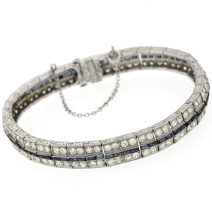 1930s Antique Art Deco Solid Platinum 5.76ctw Diamond Sapphire Tennis Bracelet