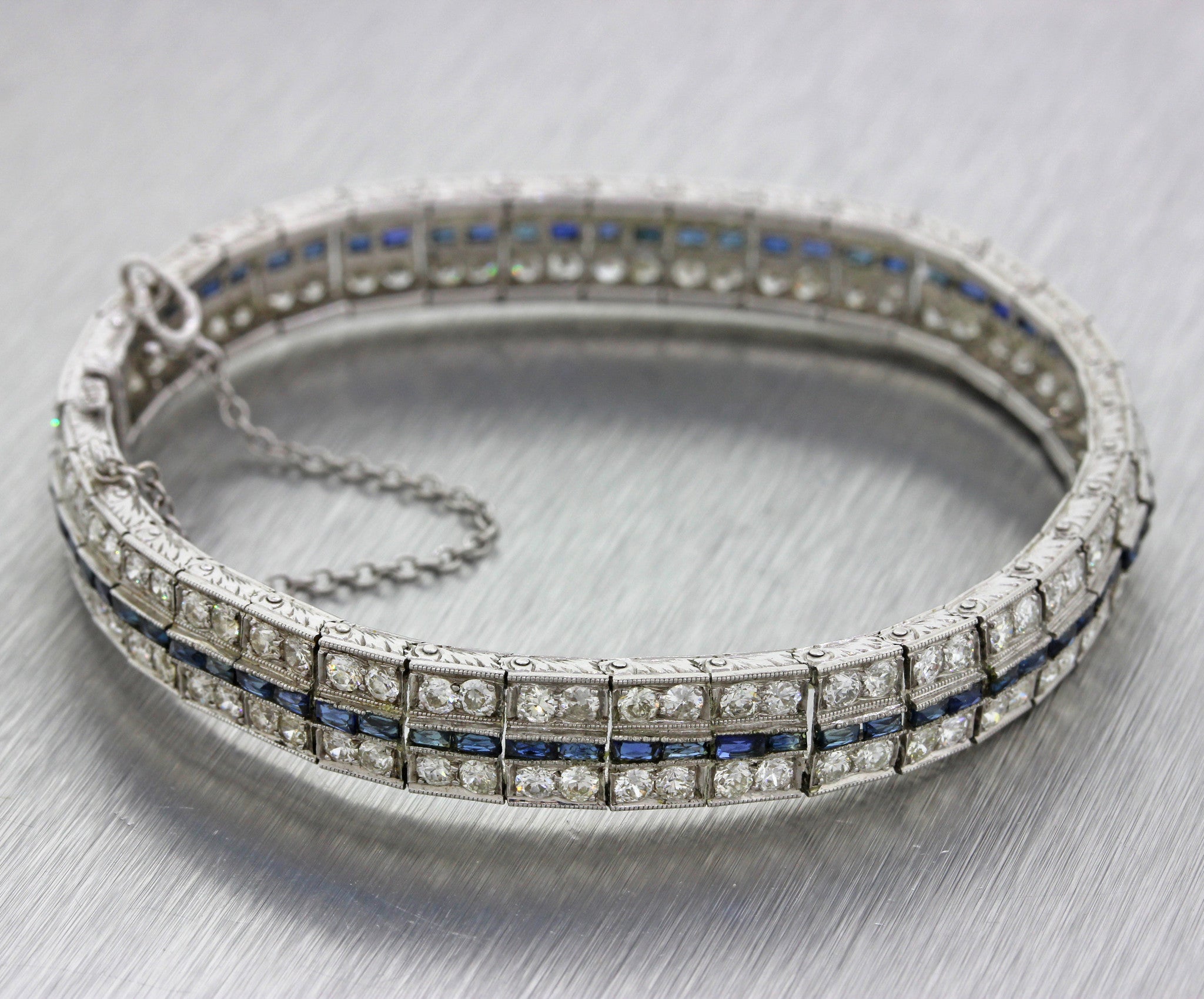 1930s Antique Art Deco Solid Platinum 5.76ctw Diamond Sapphire Tennis Bracelet