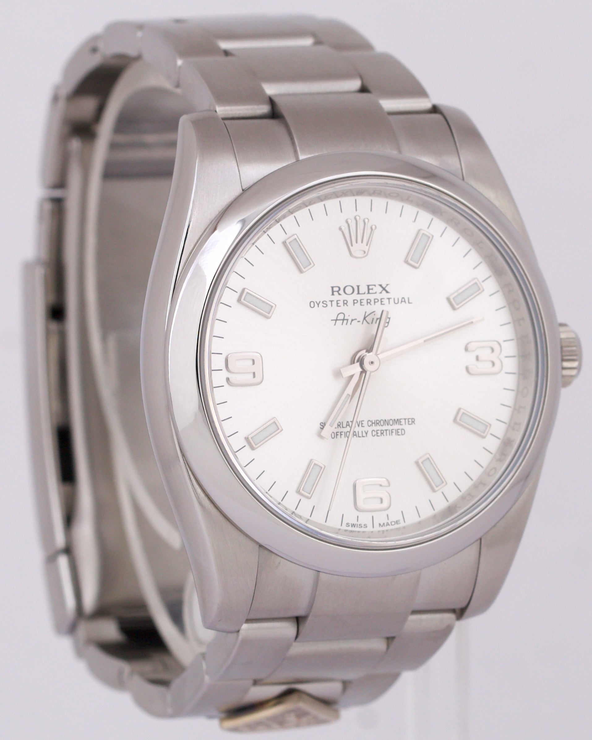 MINT PAPERS Rolex Air-King SILVER DOMINOS 34mm Stainless Steel Watch 114200 BOX