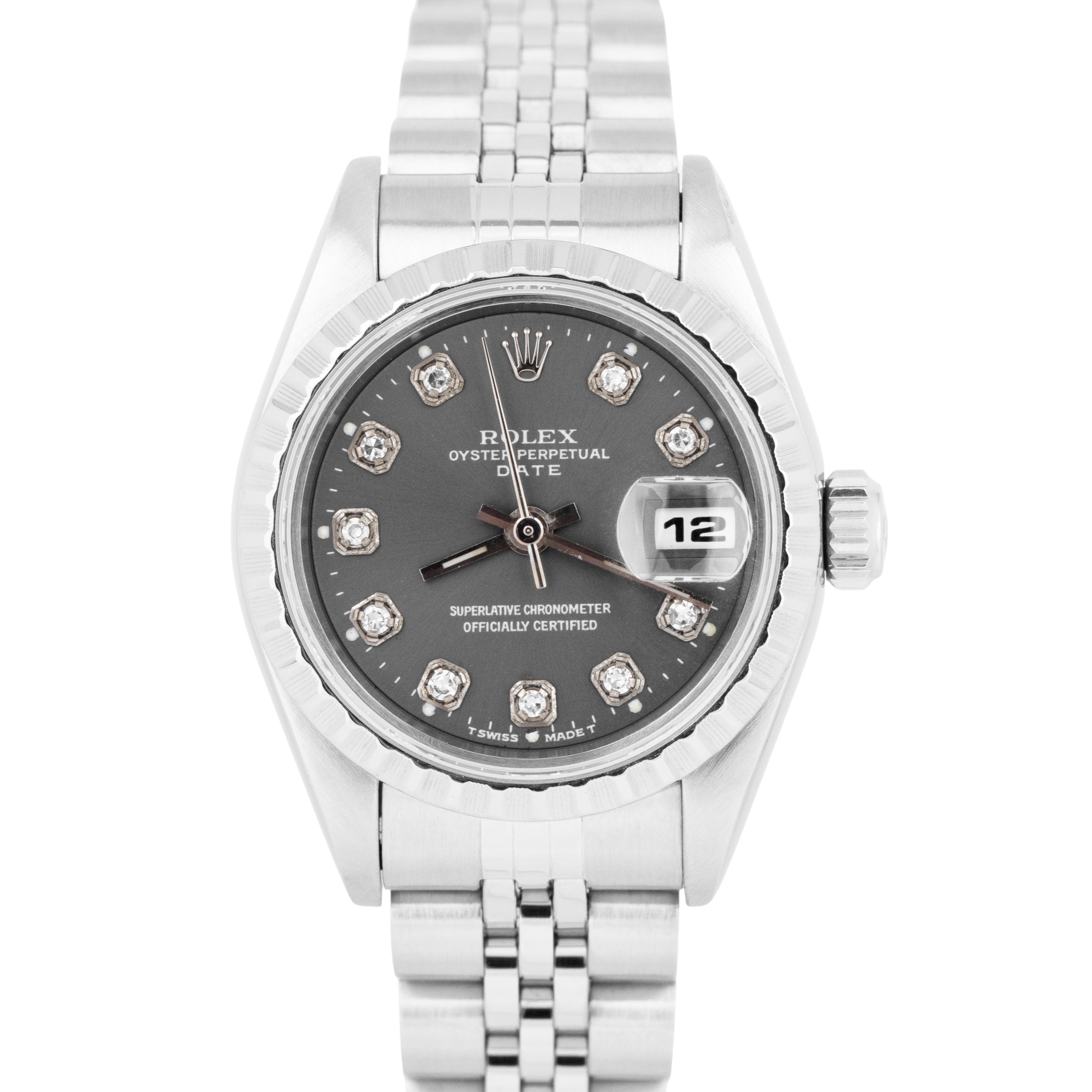 Rolex Oyster Perpetual Date 26mm Gray Diamond Steel Engine-Turned Watch 69240