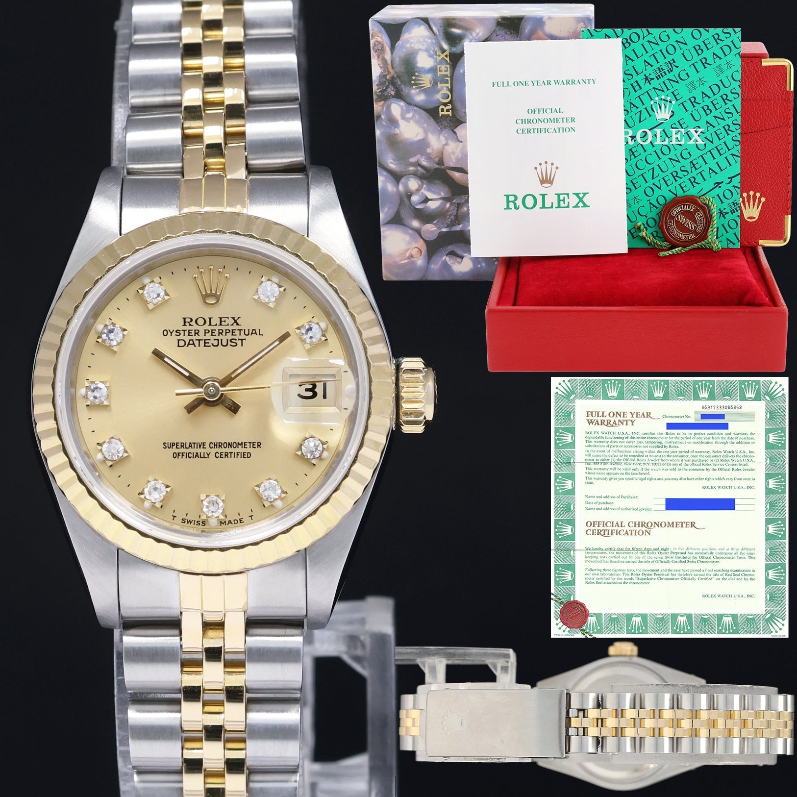 MINT PAPERS Ladies Rolex DateJust 26mm 69173 Two Tone Diamond Gold Jub