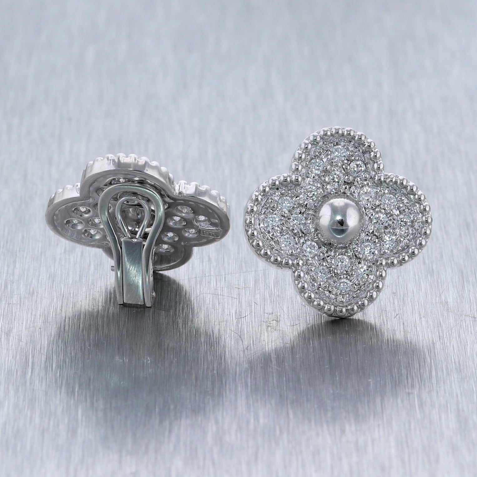 Modern 18k White Gold 2ctw Diamond Flower Clip-On Earrings