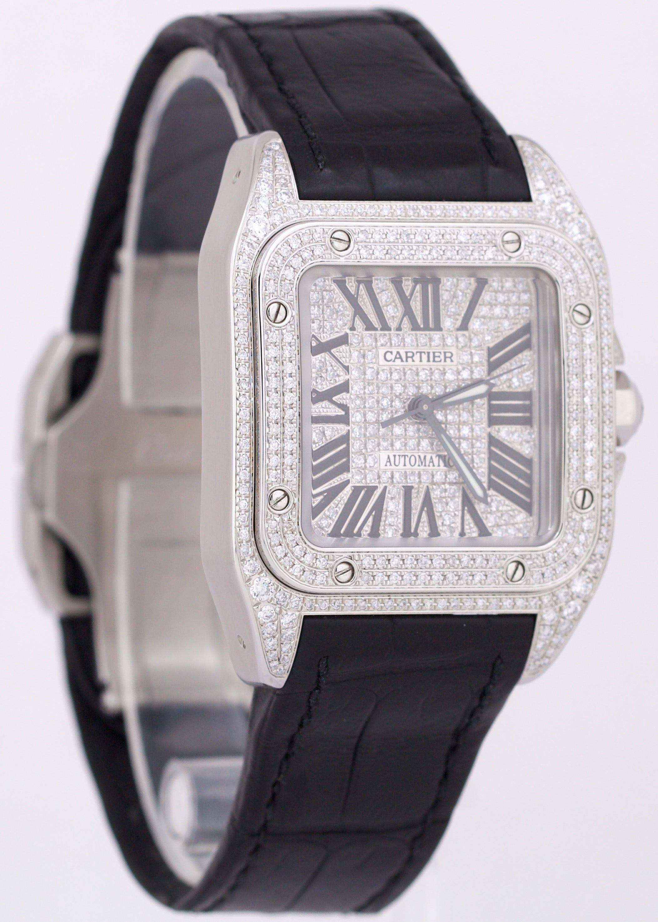 Cartier Santos 100 33mm PAVE DIAMOND Stainless Steel Roman Leather 2878 Watch