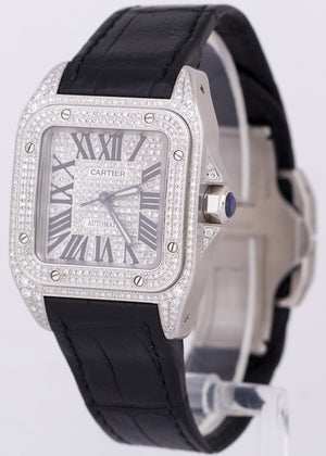 Cartier Santos 100 33mm PAVE DIAMOND Stainless Steel Roman Leather 2878 Watch