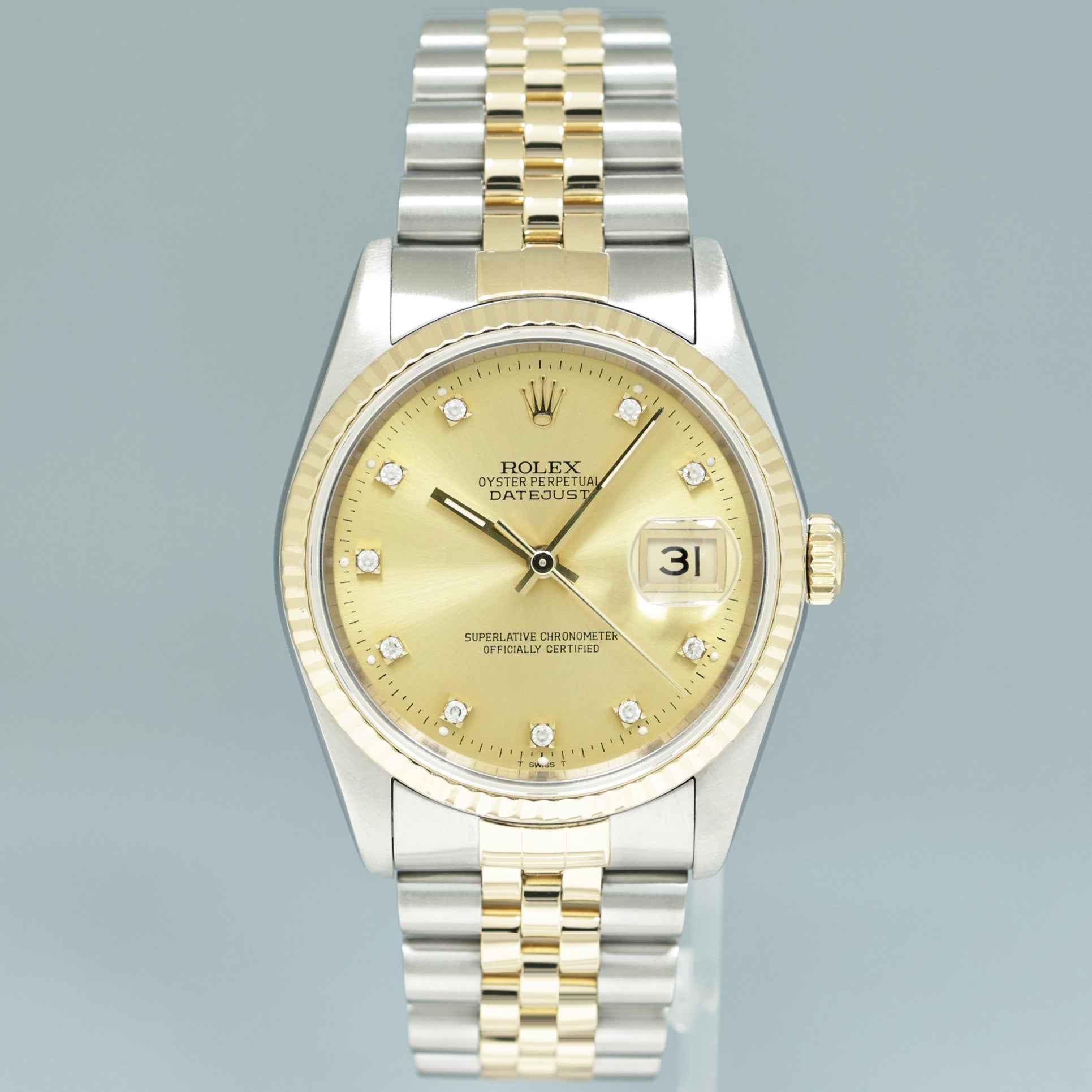 PAPERS Rolex DateJust 16233 Two Tone Yellow Gold Jubilee Champagne Diamond Watch