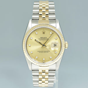 PAPERS Rolex DateJust 16233 Two Tone Yellow Gold Jubilee Champagne Diamond Watch