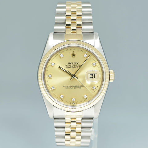 PAPERS Rolex DateJust 16233 Two Tone Yellow Gold Jubilee Champagne Diamond Watch