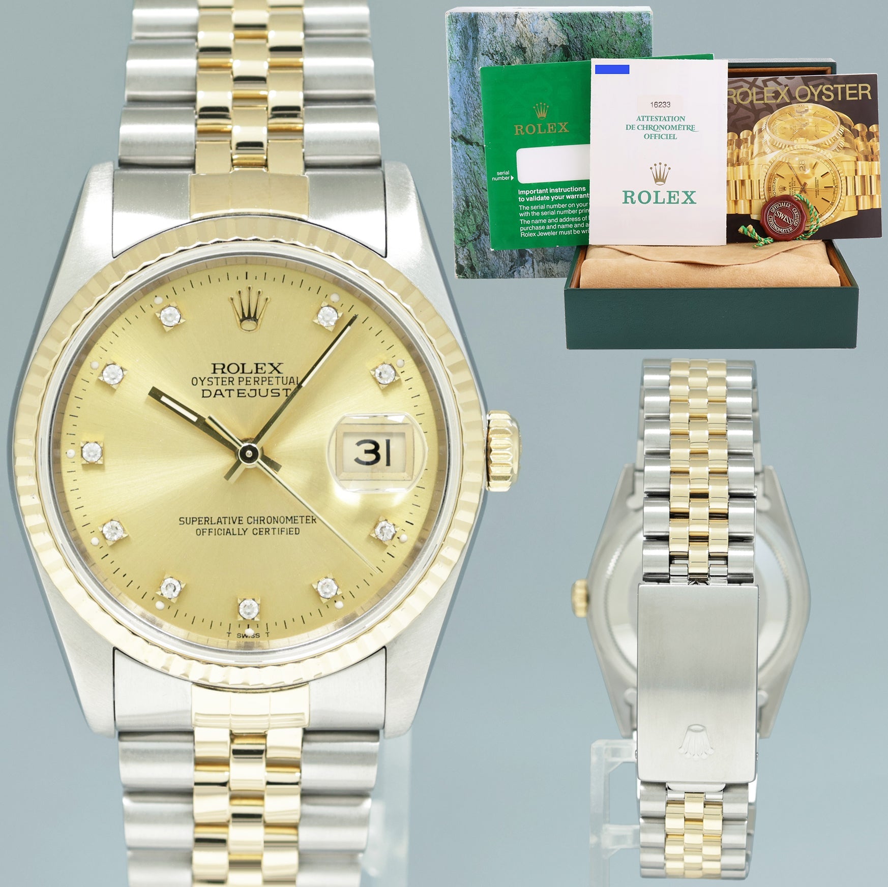 PAPERS Rolex DateJust 16233 Two Tone Yellow Gold Jubilee Champagne Diamond Watch