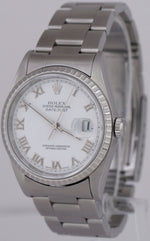 MINT PAPERS Rolex DateJust White Roman 36mm Stainless NO-HOLES Watch 16220 BOX