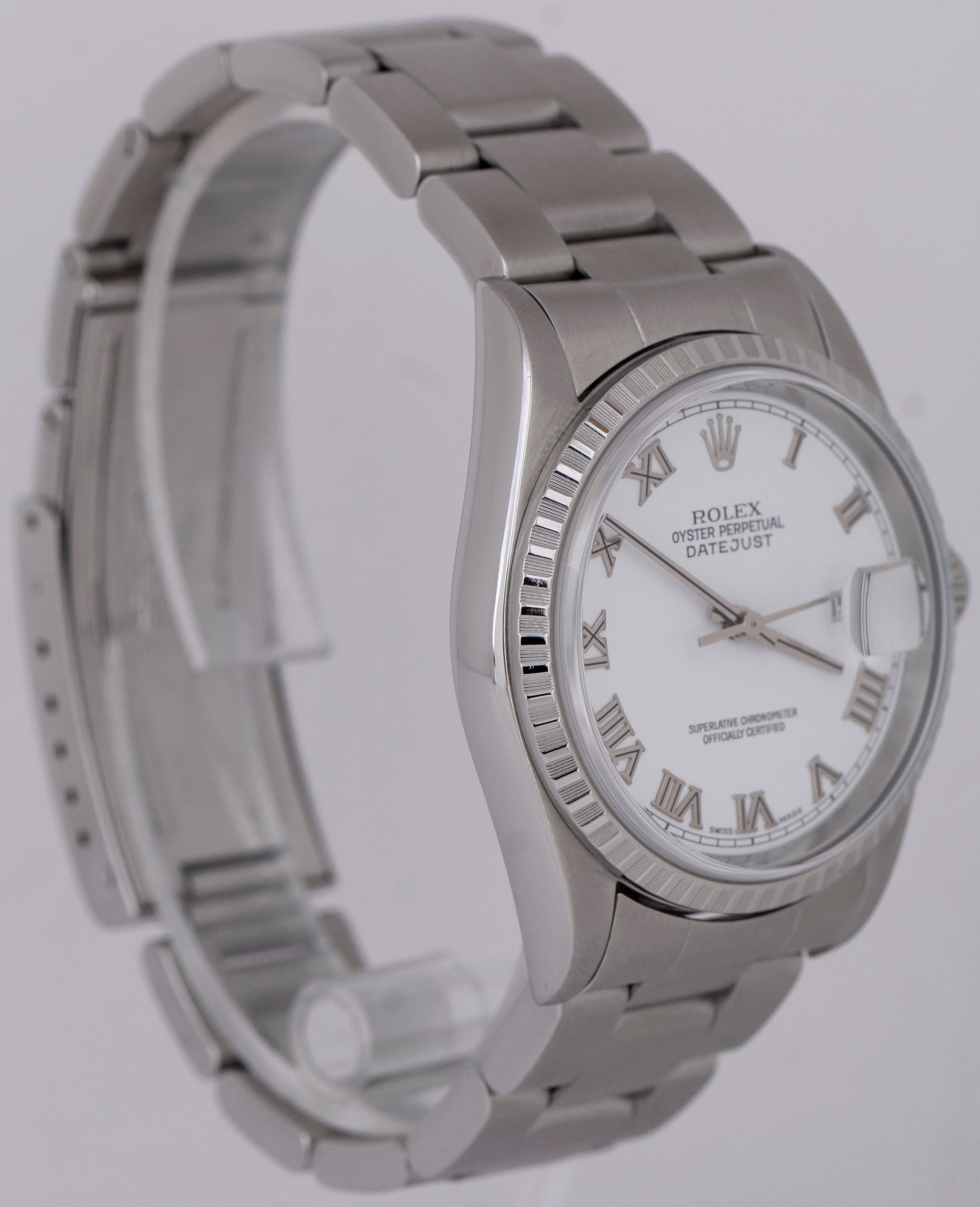 MINT PAPERS Rolex DateJust White Roman 36mm Stainless NO-HOLES Watch 16220 BOX