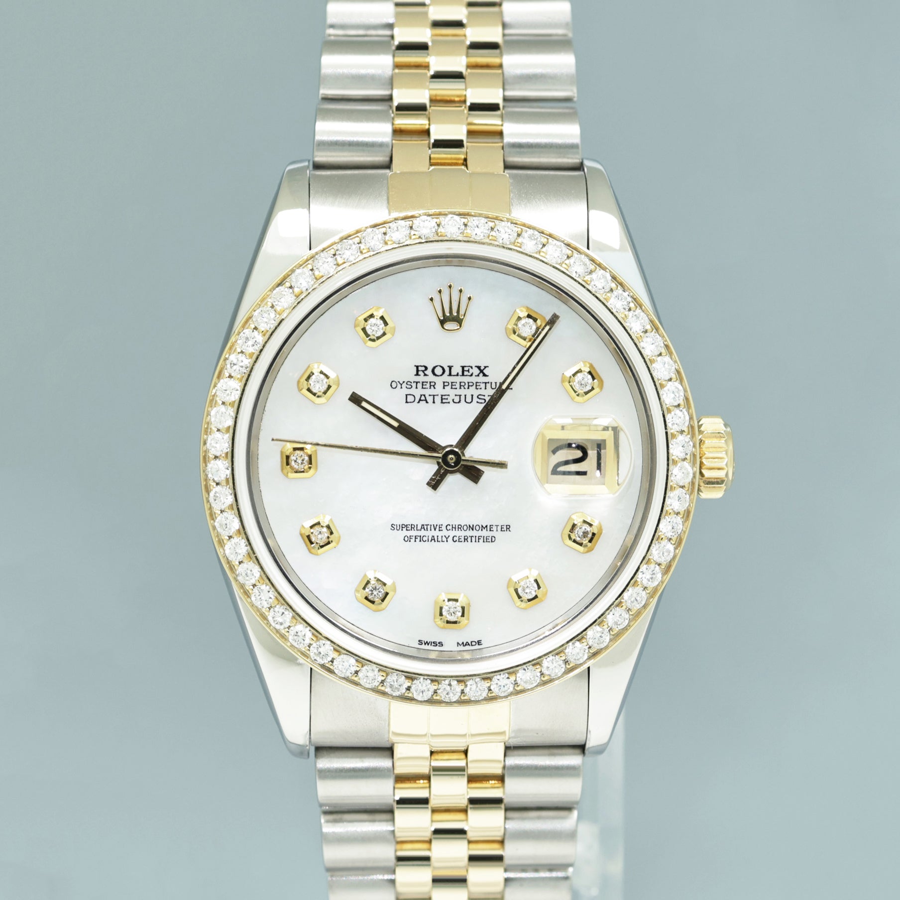 DIAMOND BEZEL Rolex DateJust 16233 Two-Tone  Yellow Gold MOP Jubilee Watch Box