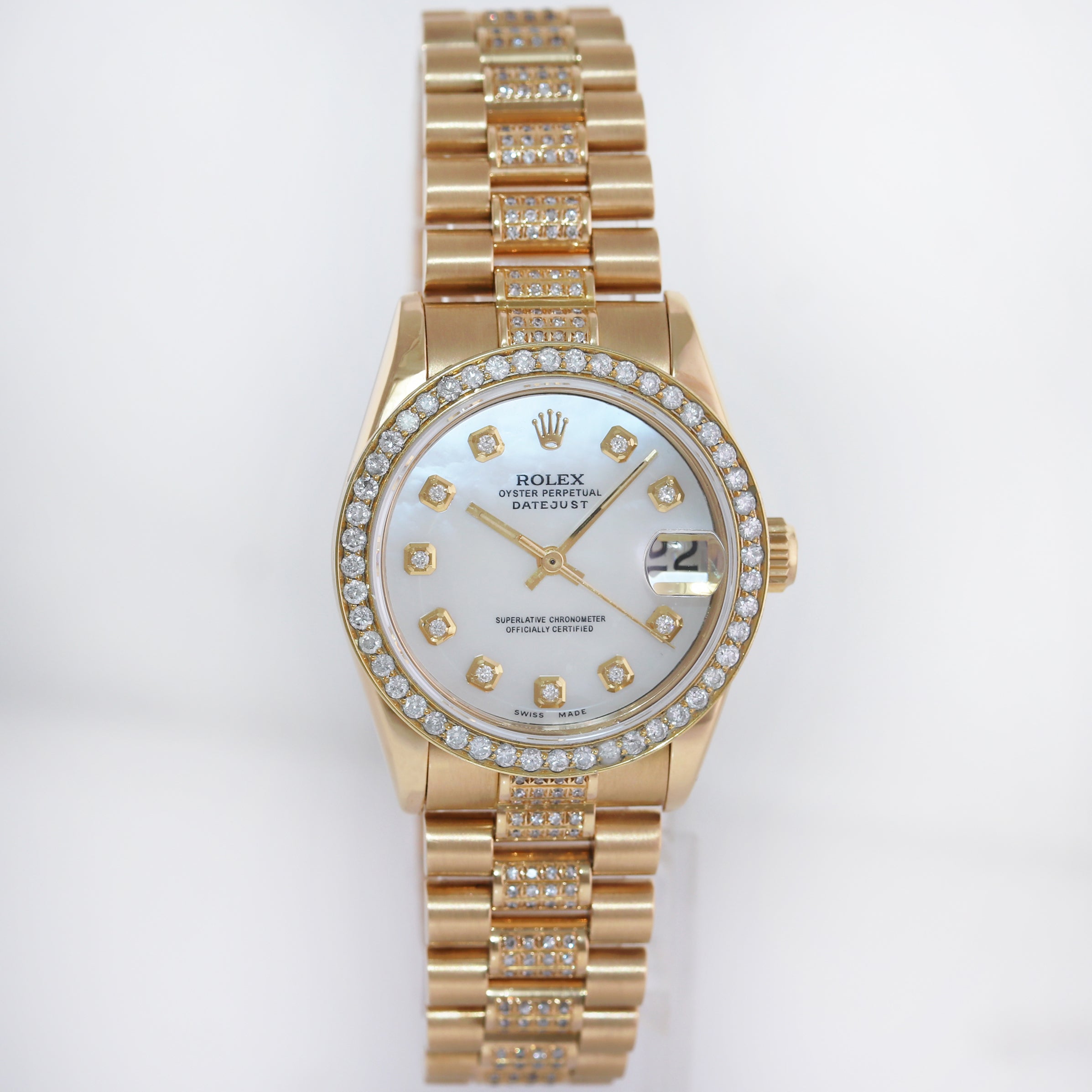 DIAMOND Ladies Rolex 68278 18k Yellow Gold 31mm Mother of Pearl Midsize Watch