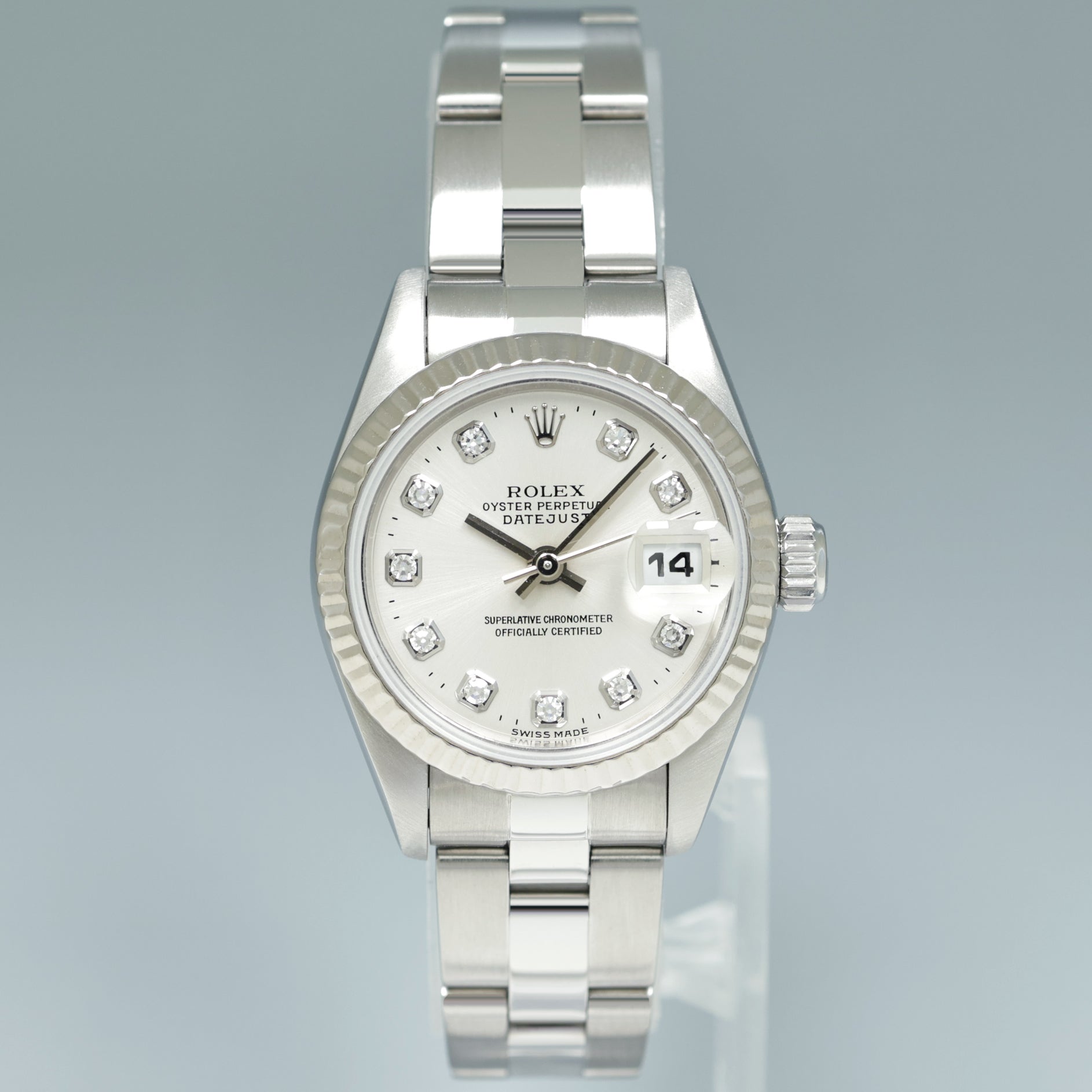 PAPERS Ladies Rolex DateJust 26mm Silver Diamond White Gold Fluted Steel Oyster 69174 Watch