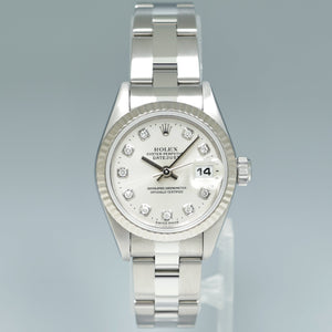 PAPERS Ladies Rolex DateJust 26mm Silver Diamond White Gold Fluted Steel Oyster 69174 Watch