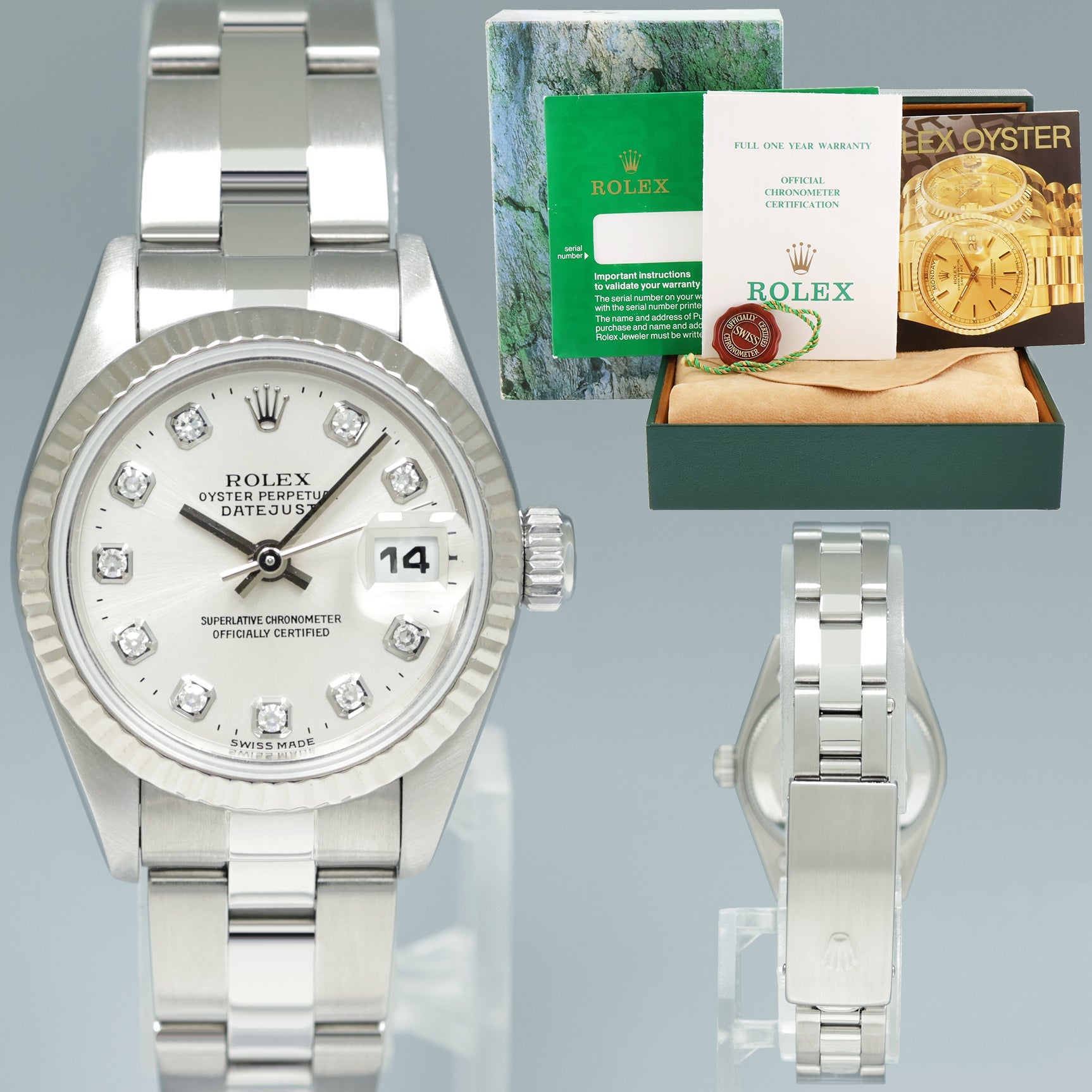 PAPERS Ladies Rolex DateJust 26mm Silver Diamond White Gold Fluted Steel Oyster 69174 Watch