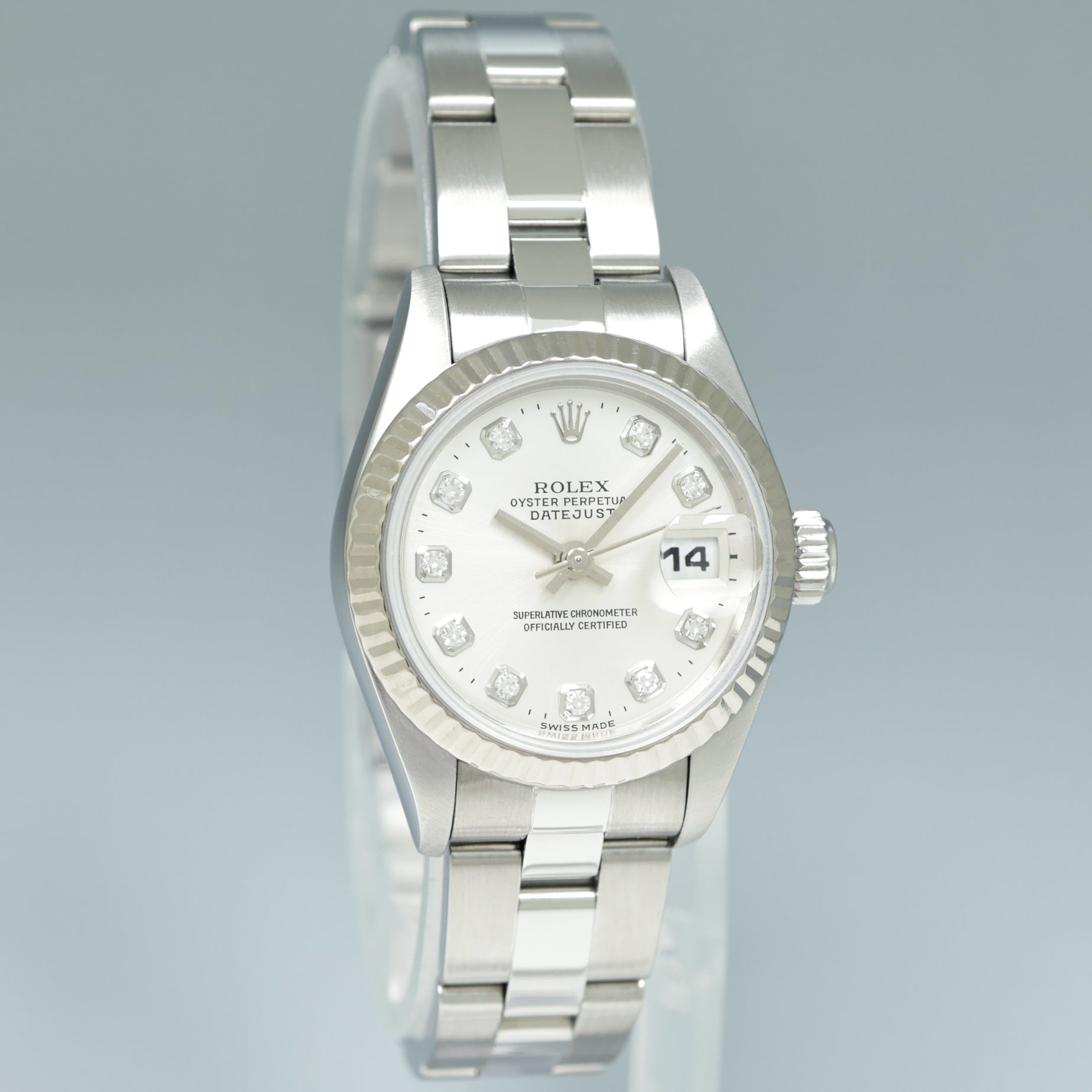 PAPERS Ladies Rolex DateJust 26mm Silver Diamond White Gold Fluted Steel Oyster 69174 Watch