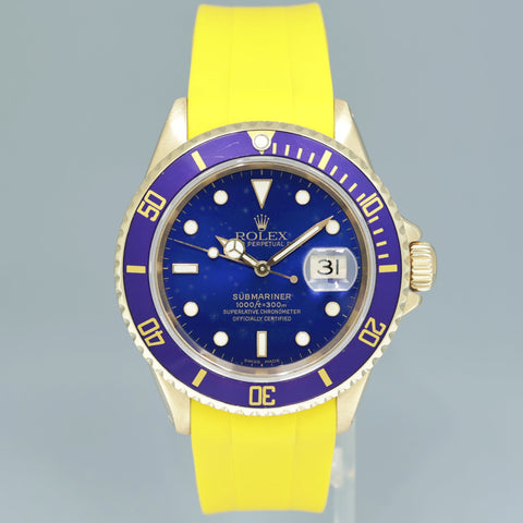 Rolex 16618 Submariner 18K Yellow Gold Blue Sunburst Yellow Rubber 40mm Watch Box