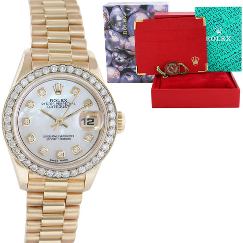 Pearl Diamond Ladies Rolex DateJust President 26mm 69178 Yellow Gold Watch Box