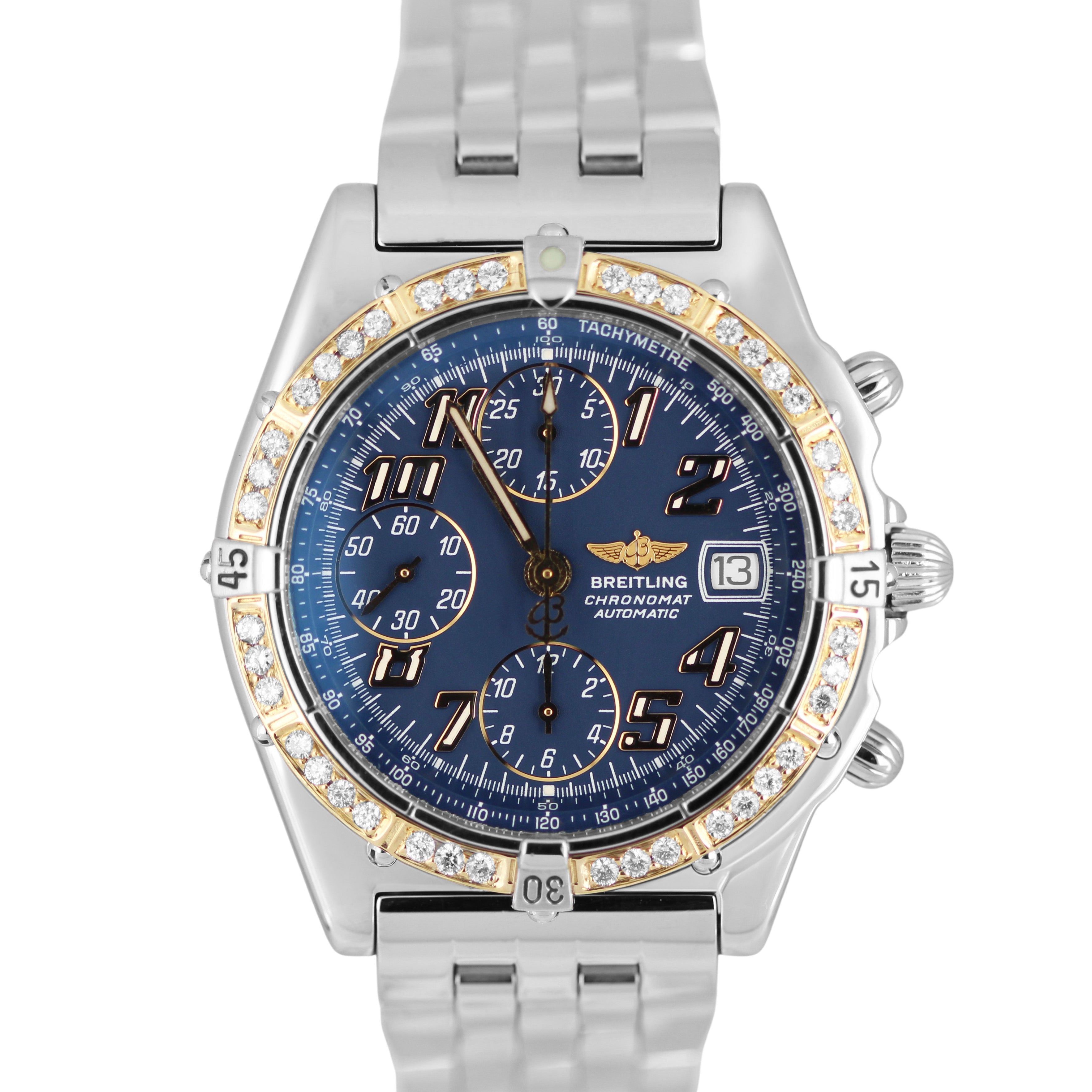 Breitling Chronomat Chronograph Steel 18k Gold DIAMOND Blue 39mm D13050.1 Watch