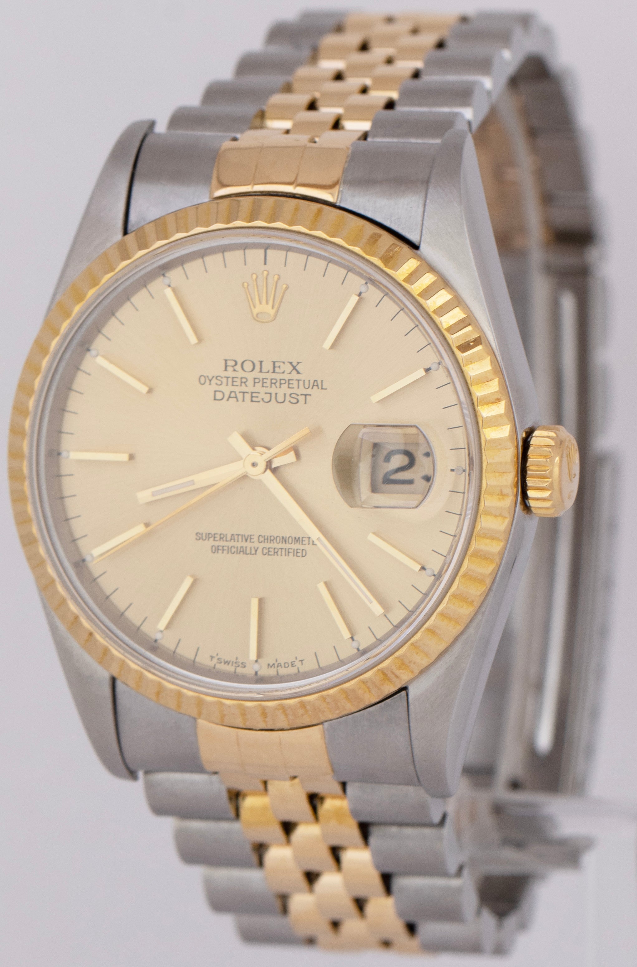 Rolex DateJust 36mm Champagne Dial NO-HOLES 18K Yellow Gold Steel 16233 Watch