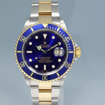 MINT 2002 Rolex Submariner 16613 Gold Steel Two Tone Gold Buckle Sunburst Blue Watch