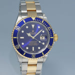 MINT 2002 Rolex Submariner 16613 Gold Steel Two Tone Gold Buckle Sunburst Blue Watch