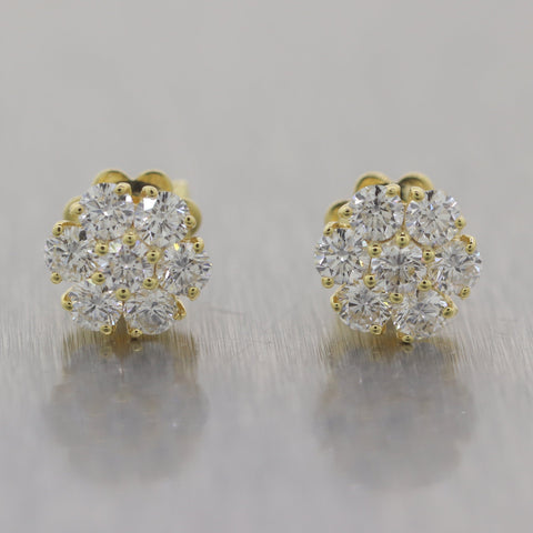 Modern 14k Yellow Gold 1.00ctw Diamond Flower Cluster Earrings