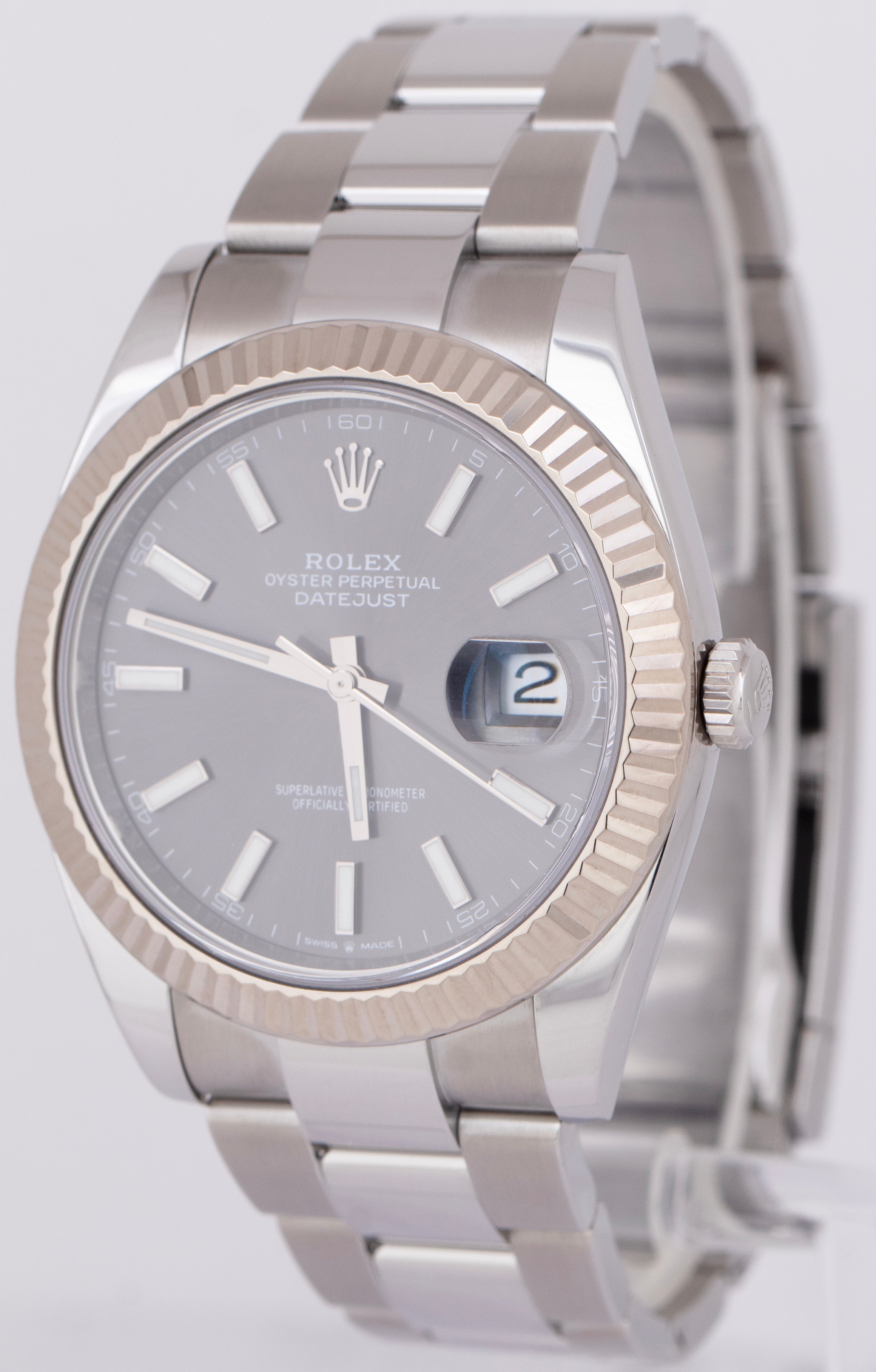 NEW PAPERS Rolex DateJust Rhodium 41mm 18K Fluted Steel Oyster Watch 126334 BOX