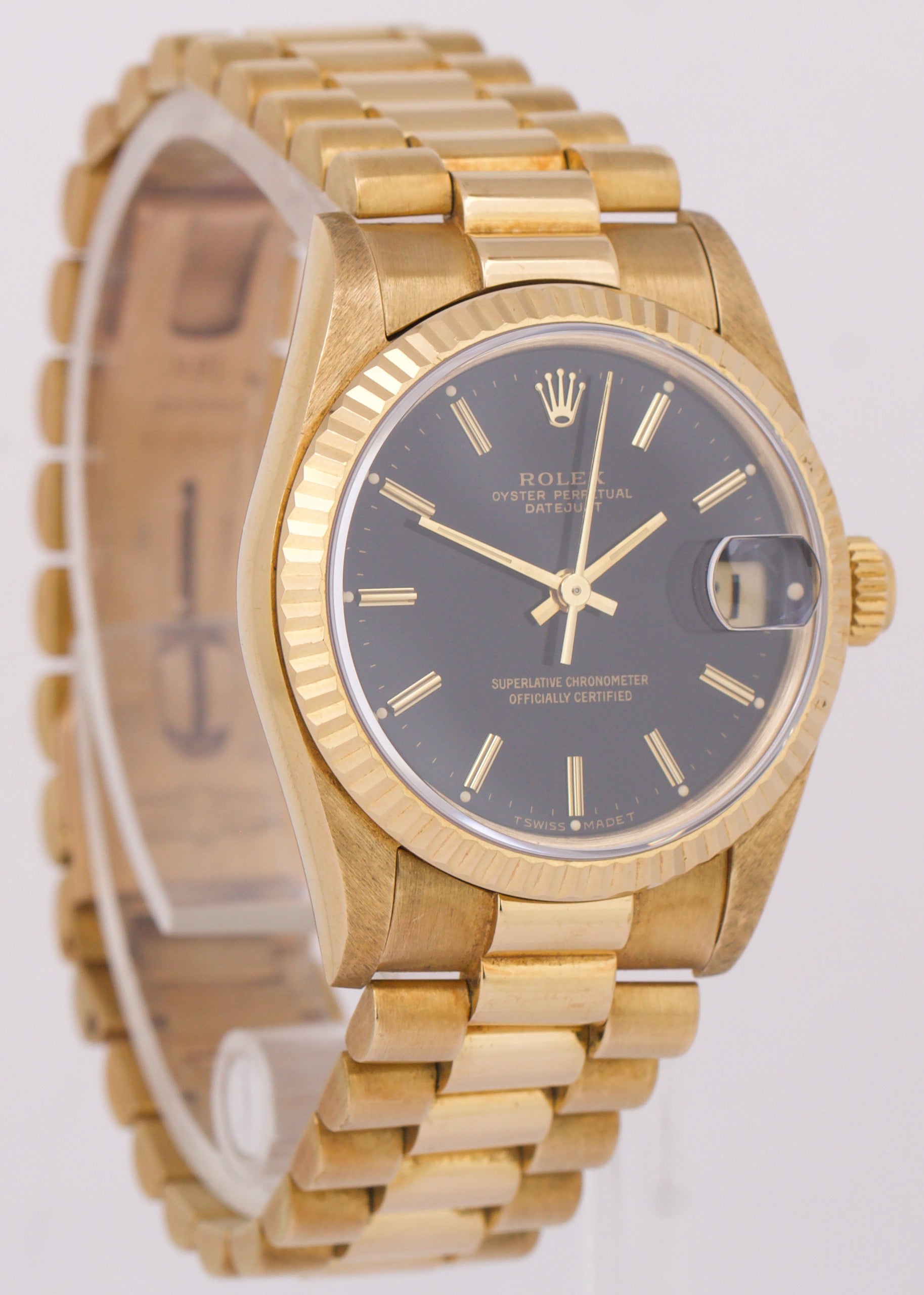 1986 Rolex DateJust President 31mm BLACK 18K Yellow Gold Fluted 68278 Watch