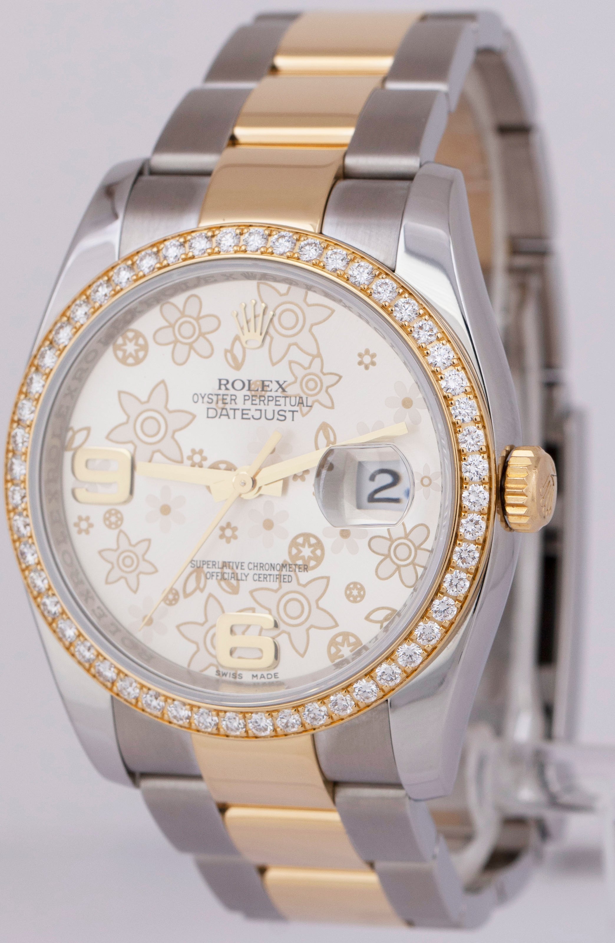 MINT PAPERS Rolex DateJust 36mm SILVER Floral DIAMOND Two-Tone Gold 116243 BOX