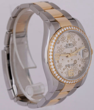 MINT PAPERS Rolex DateJust 36mm SILVER Floral DIAMOND Two-Tone Gold 116243 BOX