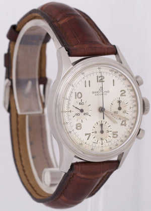 VINTAGE Breitling 765 Premier Chronograph Steel SILVER Leather 38mm Manual Watch