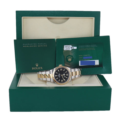 2021 NEW PAPERS Rolex Explorer I Black Steel 18k Gold Two Tone 36mm 124273 Watch