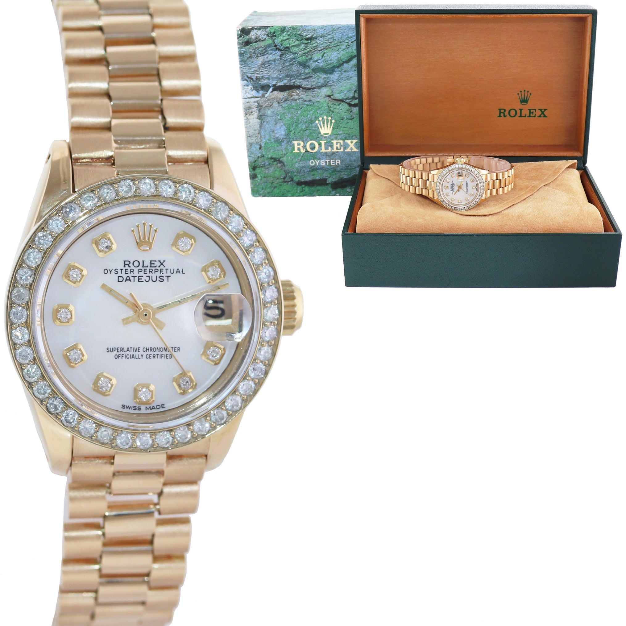 Pearl Diamond Ladies Rolex DateJust President 26mm 6917 Yellow Gold Watch Box