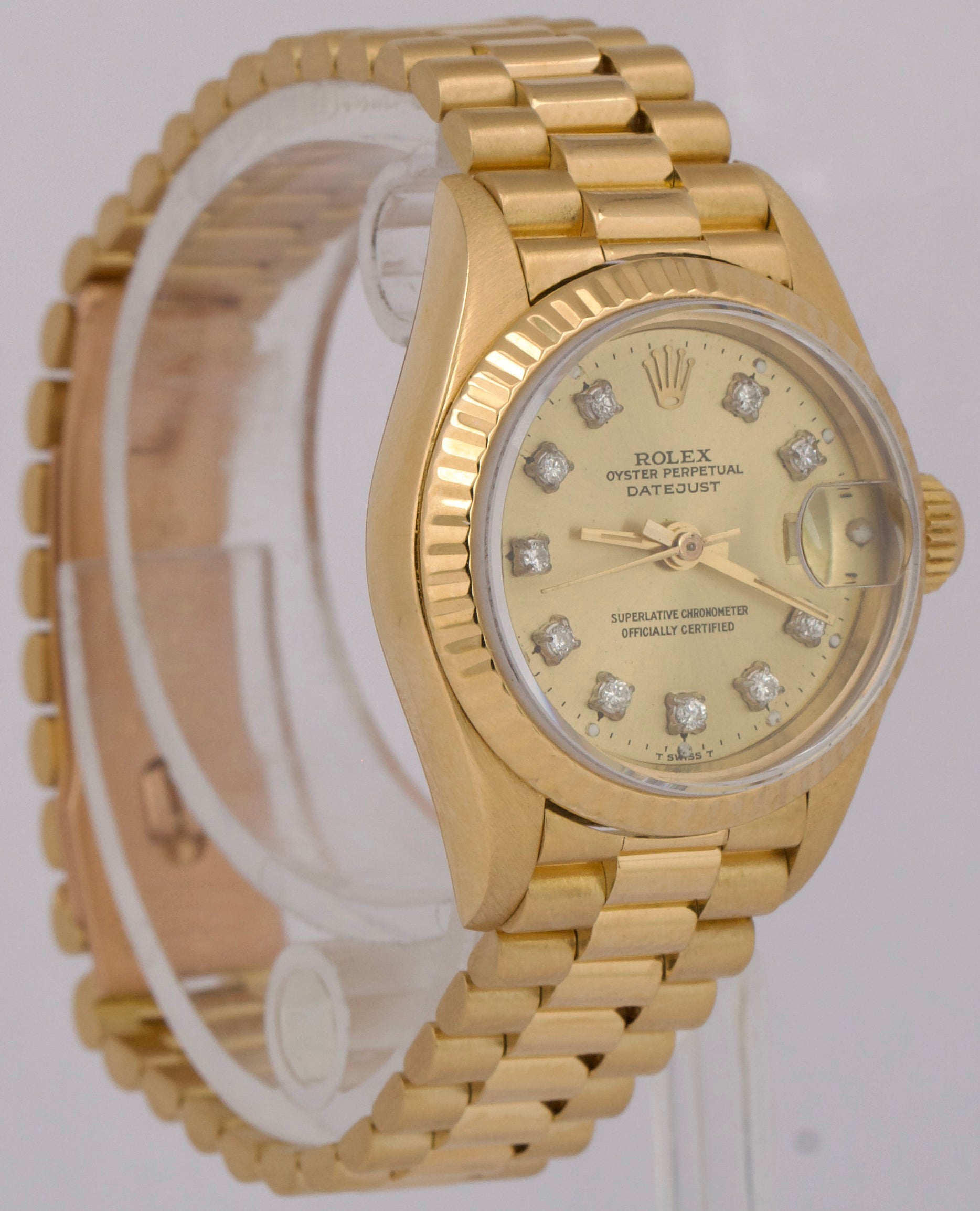 Ladies Rolex DateJust President 26mm CHAMPAGNE DIAMOND 18K Gold 69178 Watch