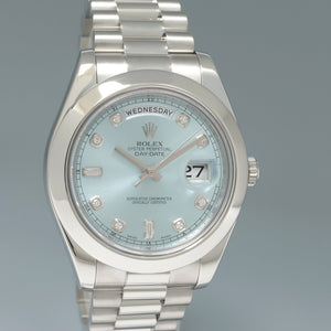 2015 MINT Rolex Day-Date 41mm Glacier Blue Diamond Platinum President 218206 Watch