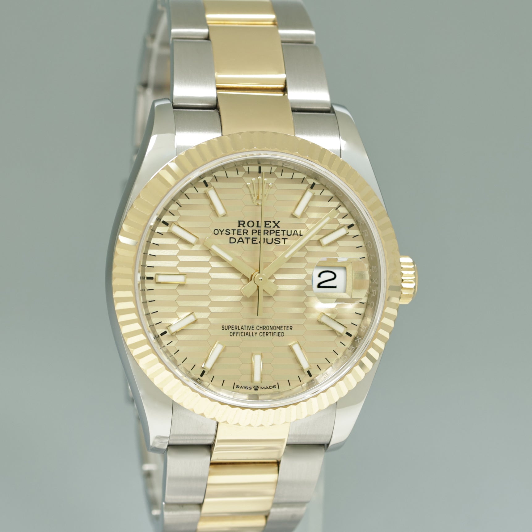 2023 Rolex DateJust 36mm Champagne Motif Two Tone Gold Oyster 126233 Watch