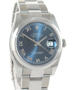 2014 Rolex DateJust 36 116200 Blue Roman Oyster Steel 36mm Watch Box