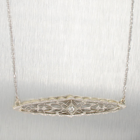 Antique Art Deco 0.07ct Diamond Conversion Pendant 18" Necklace - 14k White Gold